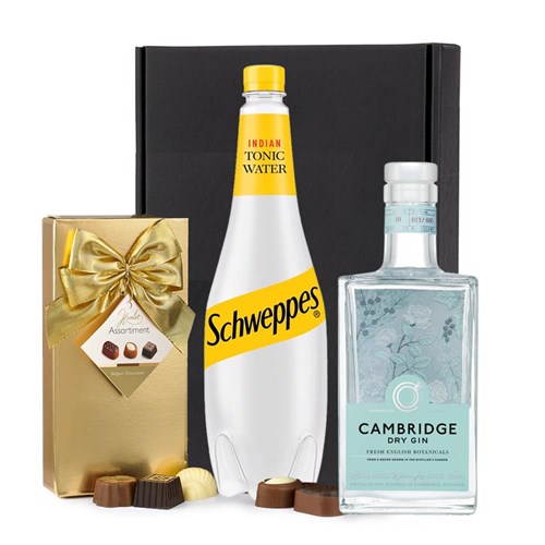 Cambridge Dry Gin 70cl with Schweppes Tonic & Chocolates Gift Box | Spirit Mixer Set